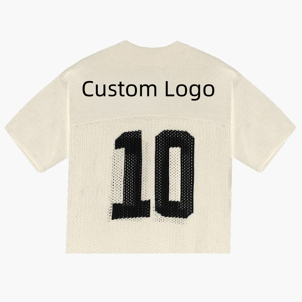 New Custom football basketball design logo knitwear fashion crew neck short sleeve men knit crochet sweater knitted mesh jersey