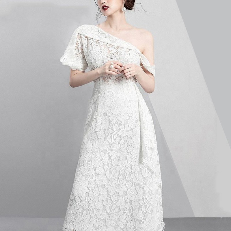 Latest Fall Ladies Evening Dresses One Shoulder White Elegant Long Lace Maxi Dress