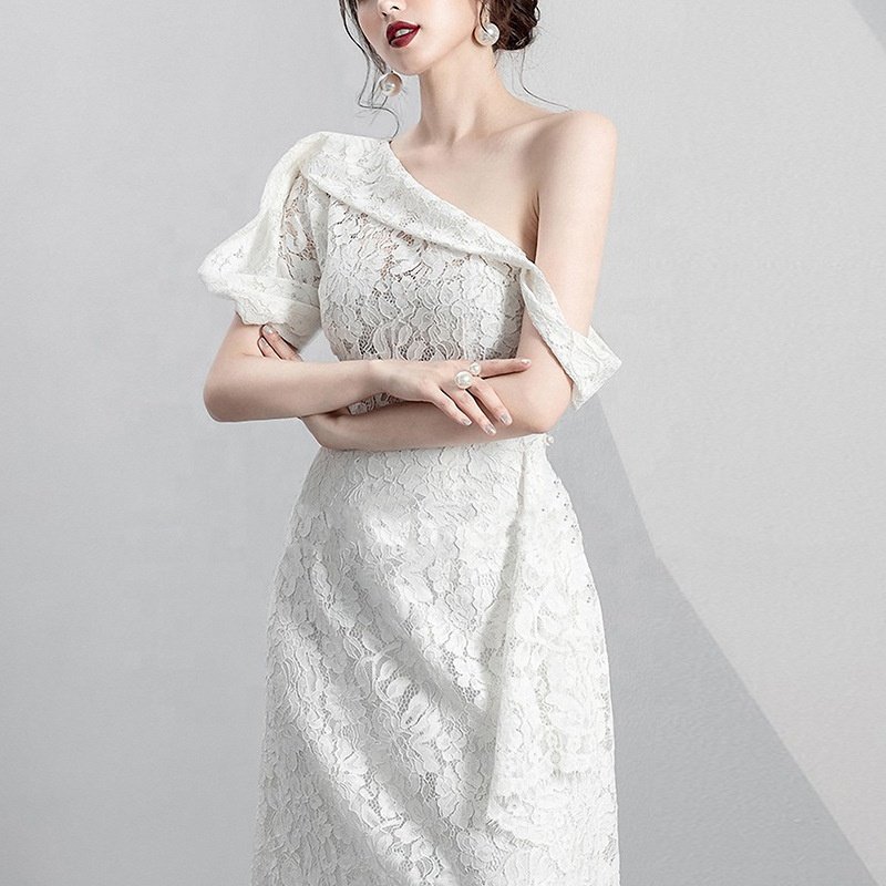 Latest Fall Ladies Evening Dresses One Shoulder White Elegant Long Lace Maxi Dress