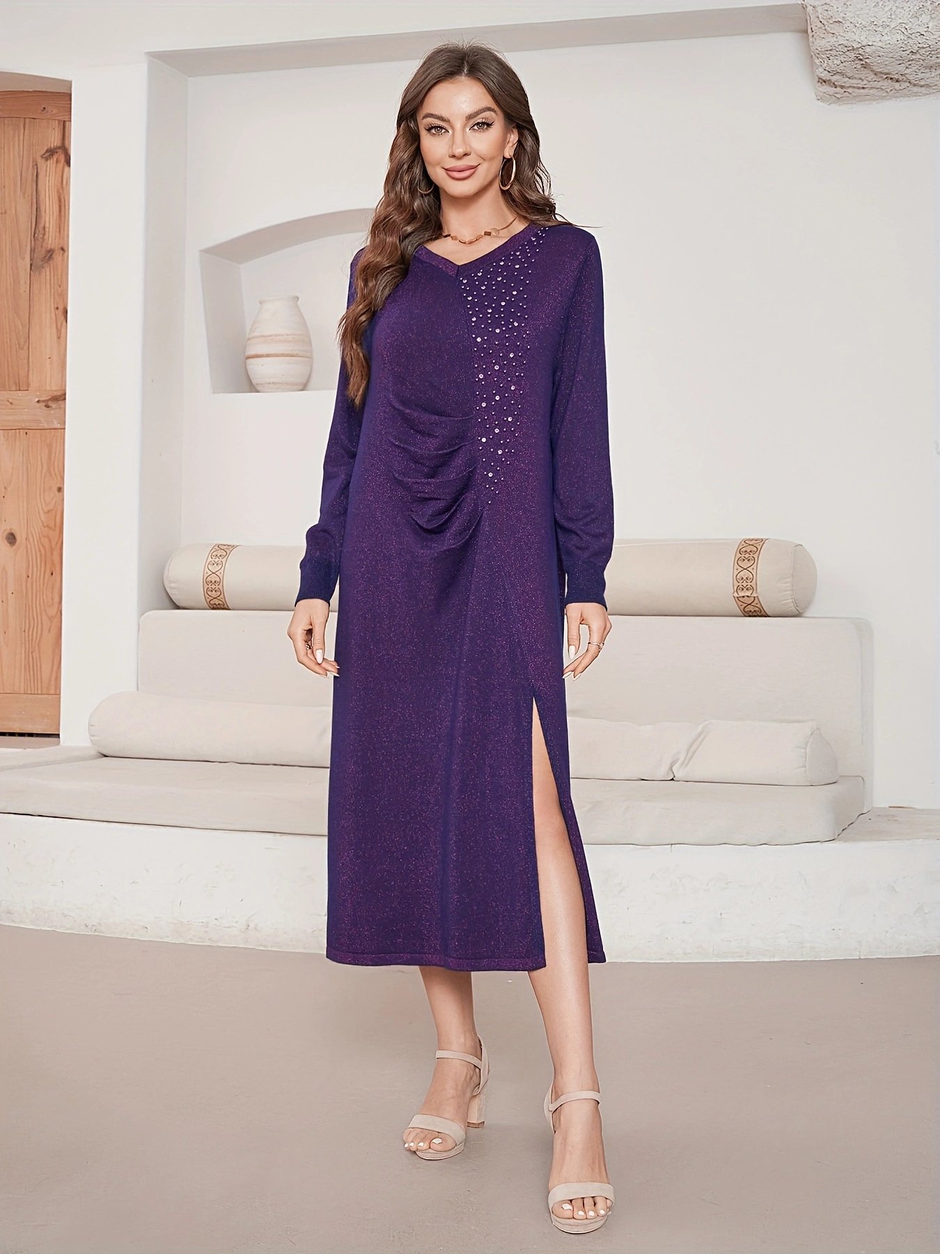 High Quality Cheap Chunky Knit Sweater Dress With Ribbed Detail Long Sleeve Wool Blend