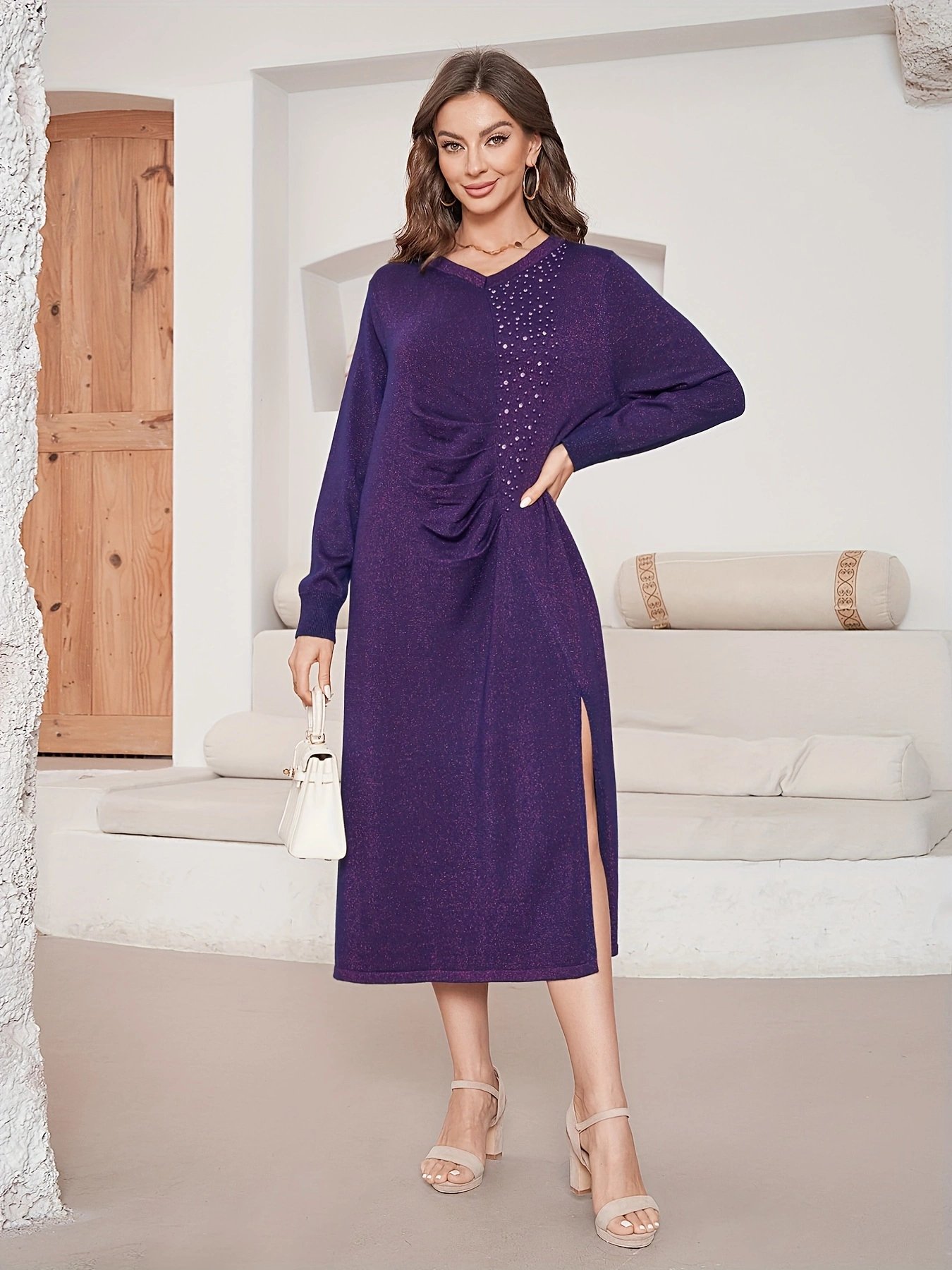 High Quality Cheap Chunky Knit Sweater Dress With Ribbed Detail Long Sleeve Wool Blend