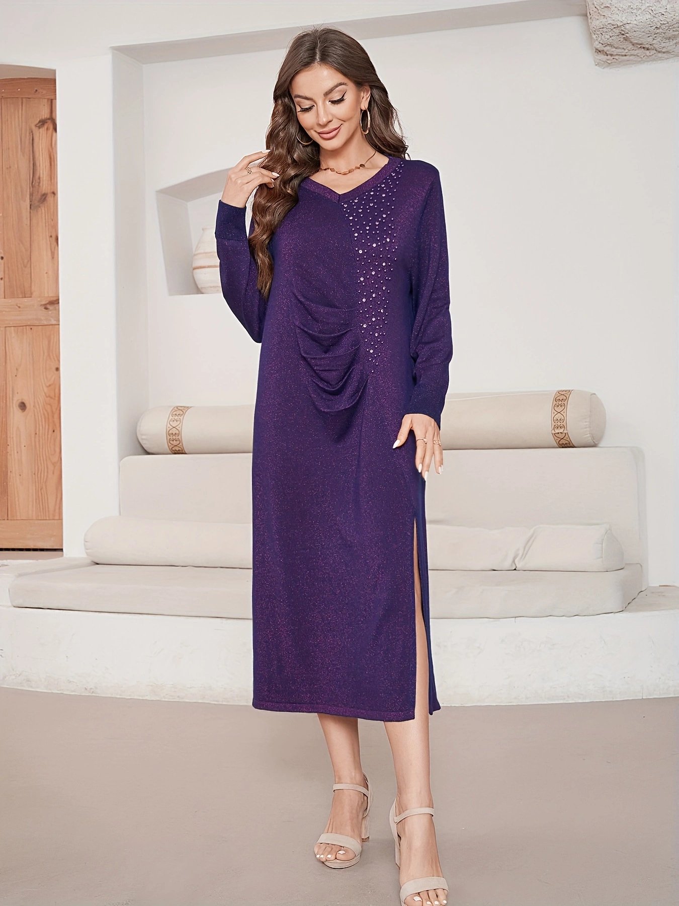 High Quality Cheap Chunky Knit Sweater Dress With Ribbed Detail Long Sleeve Wool Blend
