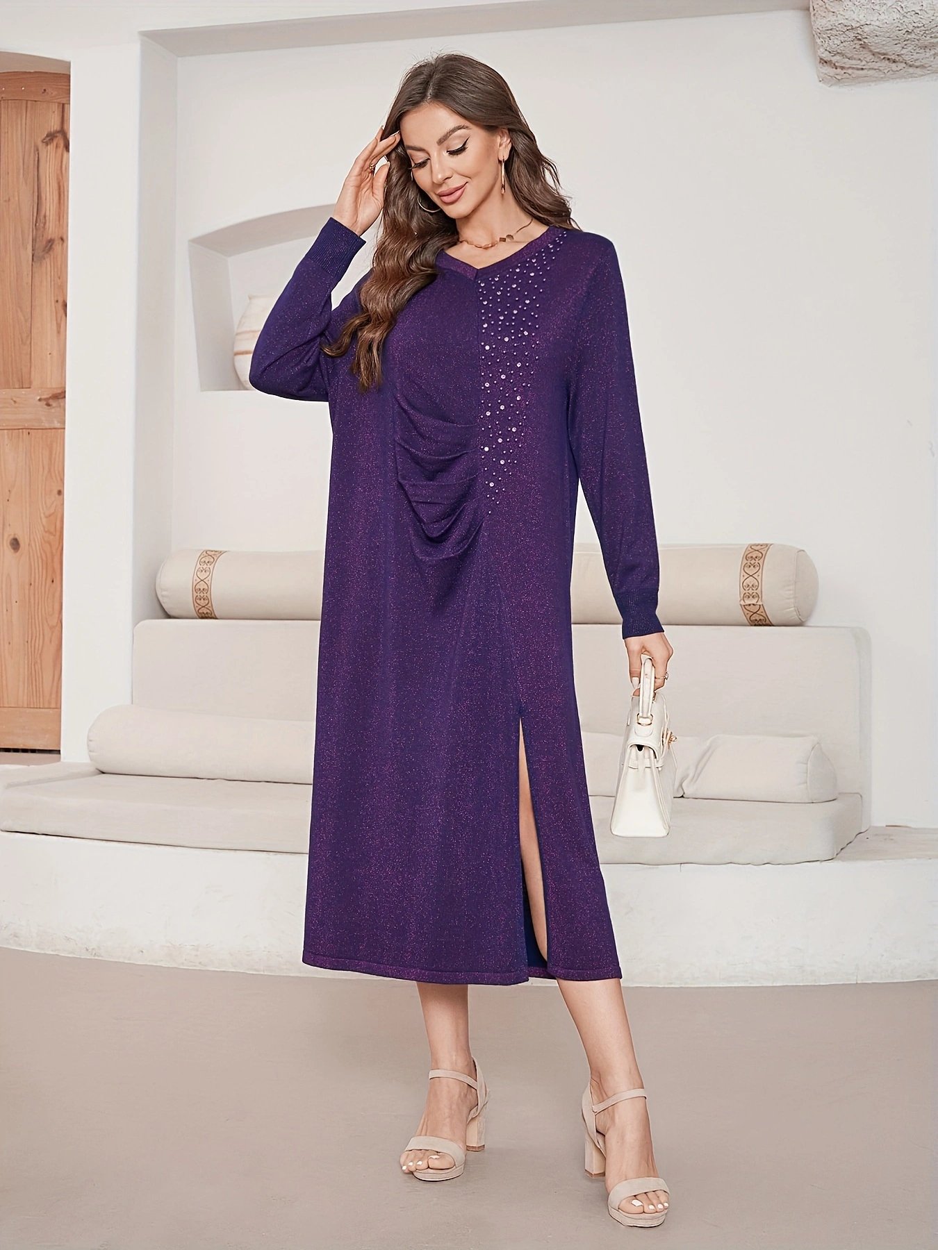 High Quality Cheap Chunky Knit Sweater Dress With Ribbed Detail Long Sleeve Wool Blend