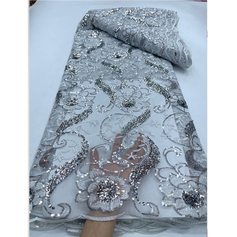 K1105 Elegant Embroidered African Lace Fabric Tulle Sheer with Sequins Beaded for Party Dresses Clothing Decoration High Quality