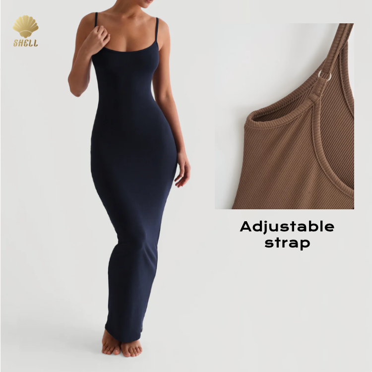 Luluxixiyaya Sleeveless Slip On Micro Ribbed Maxi Dress Sexy Straight Wide Bottom Adjustable Thin Strap Women Party Wear Dress