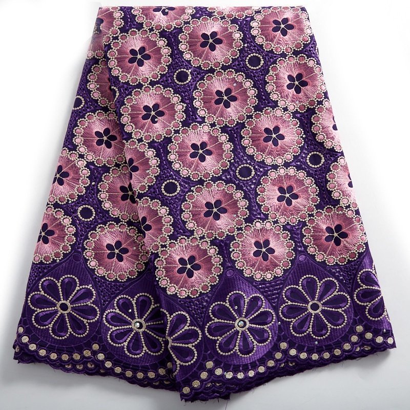 Embroidery African cotton lace fabric hot sale beaded Nigeria swiss voile cotton lace fabric material for women dress