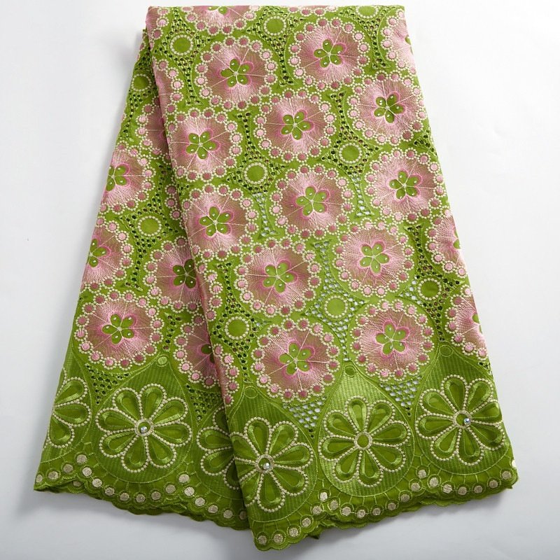 Embroidery African cotton lace fabric hot sale beaded Nigeria swiss voile cotton lace fabric material for women dress