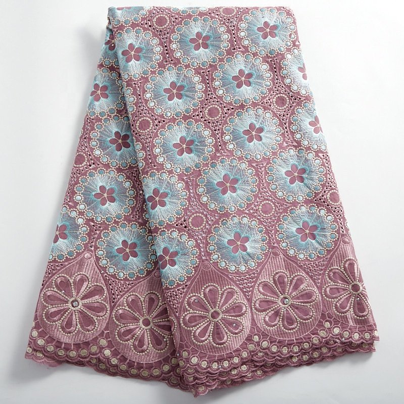 Embroidery African cotton lace fabric hot sale beaded Nigeria swiss voile cotton lace fabric material for women dress