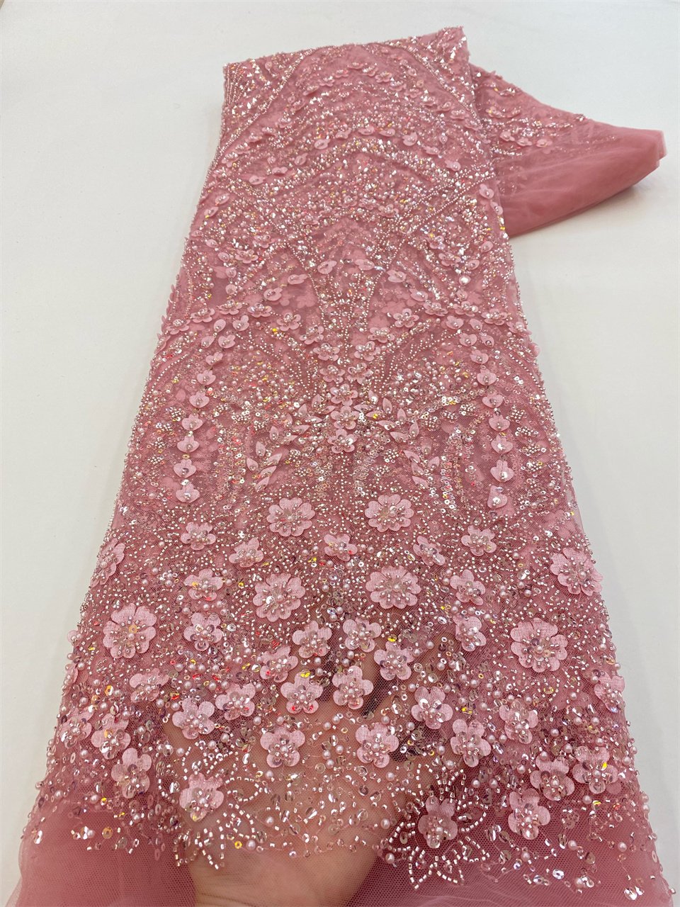 NI.AI Luxury Embroidery Sequins Lace Bridal Beaded Fabric Sequin Beaded Lace 3D Flower Pearls Wedding Lace Fabric