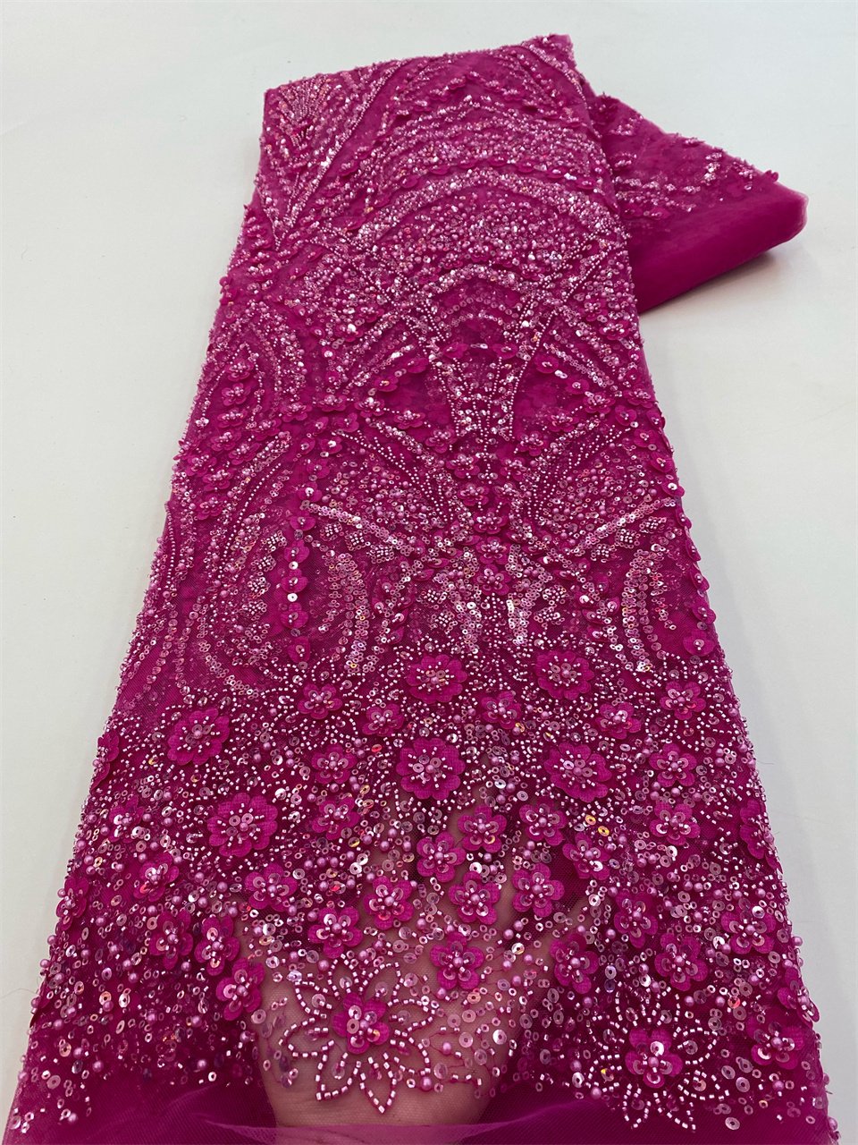 NI.AI Luxury Embroidery Sequins Lace Bridal Beaded Fabric Sequin Beaded Lace 3D Flower Pearls Wedding Lace Fabric