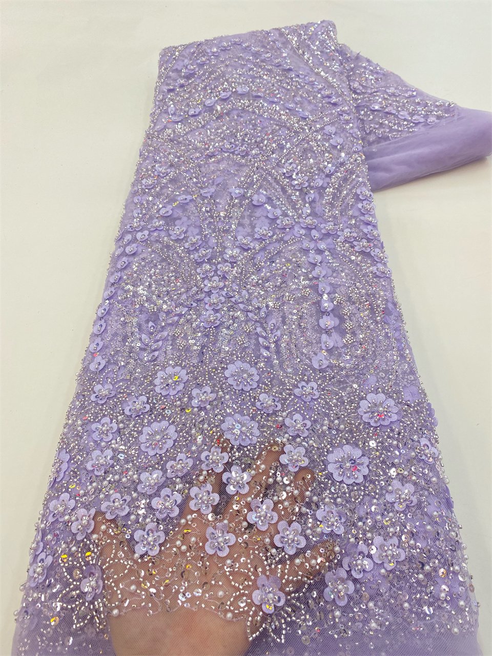 NI.AI Luxury Embroidery Sequins Lace Bridal Beaded Fabric Sequin Beaded Lace 3D Flower Pearls Wedding Lace Fabric