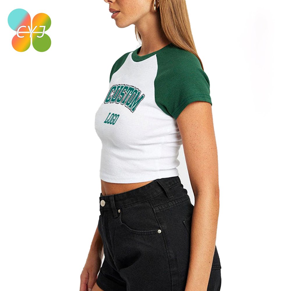 Custom Logo Baby Tee Woman Blank Crop Splicing T-shirt For Women OEM Short Sleeve Cotton Screen Printing girls crop top