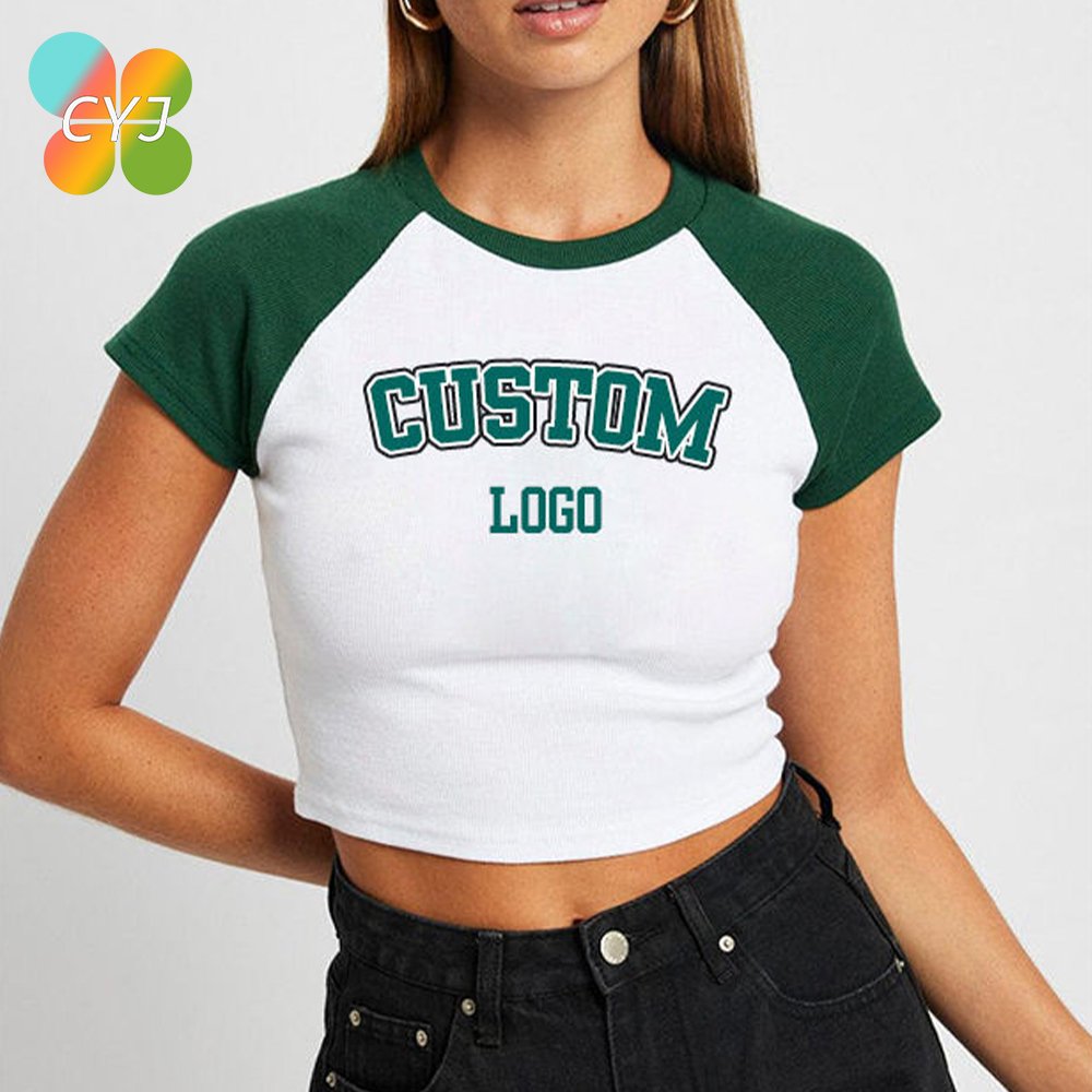 Custom Logo Baby Tee Woman Blank Crop Splicing T-shirt For Women OEM Short Sleeve Cotton Screen Printing girls crop top