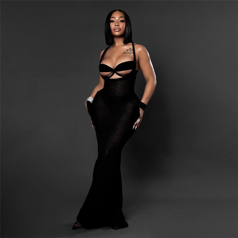 Peeqi K24D51331 fashion 2024 new summer streetwear solid color sleeveless backless halter slim dress sexy maxi dress women lady