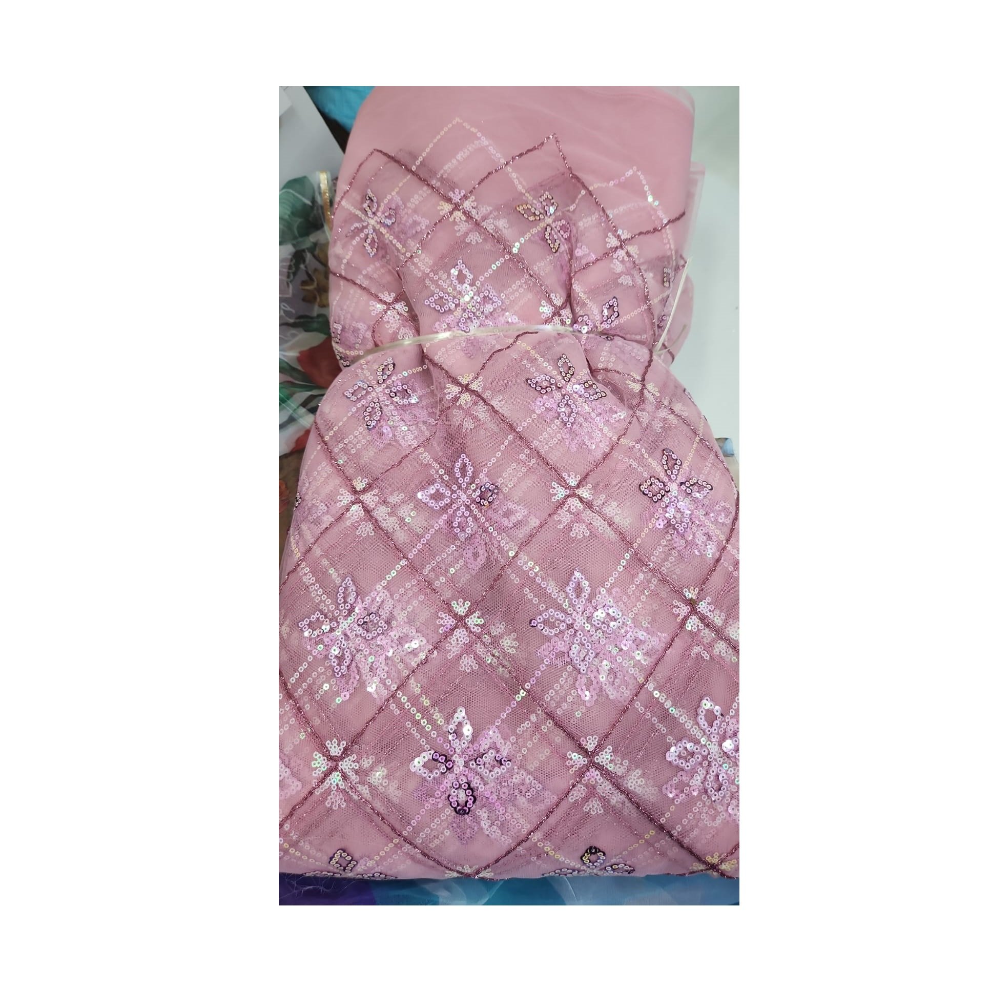 High on Demand Indian Supplier Party Wear Dress Sandwich Sequence Net Fabric with Embroidery Style Made from Cotton and Tulle
