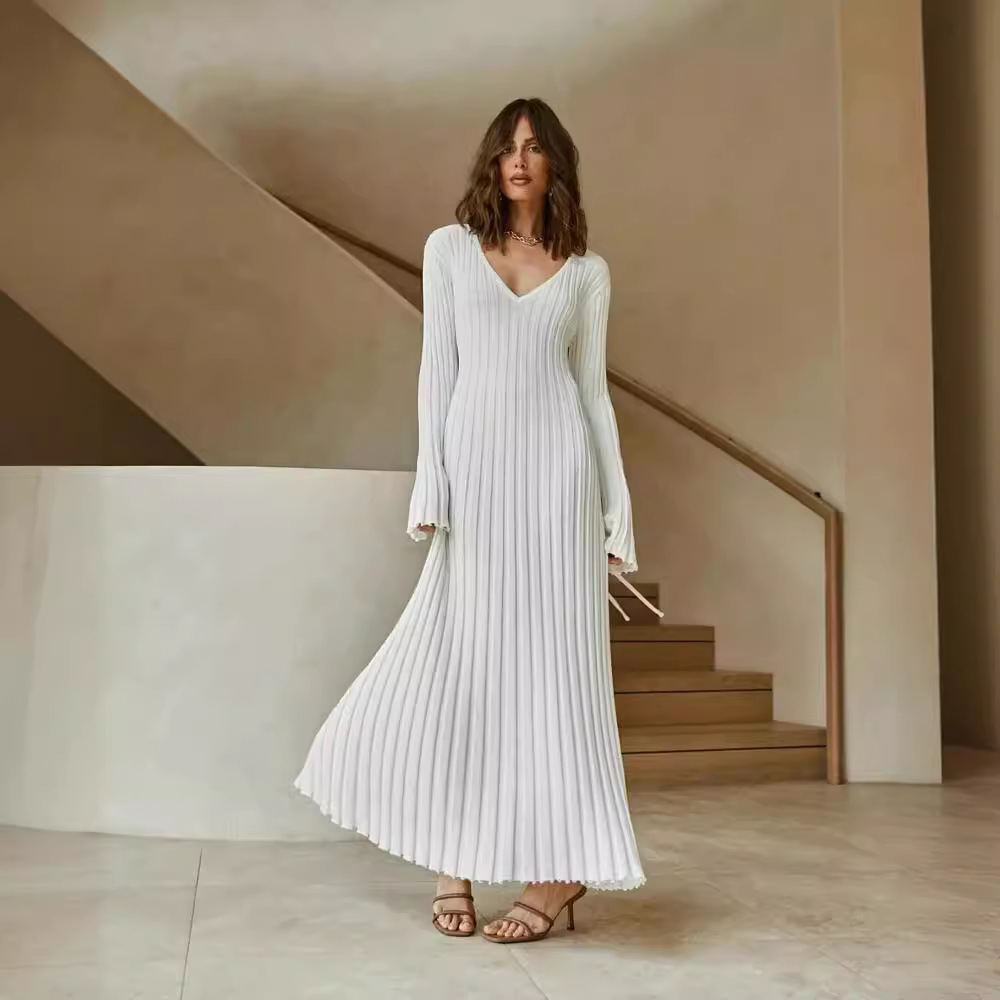 Custom Women's Ribbed Knit Sweater Dress Casual Long Sleeve Elegant V-Neck Tight Pleated A Line Long Dress Streetwear