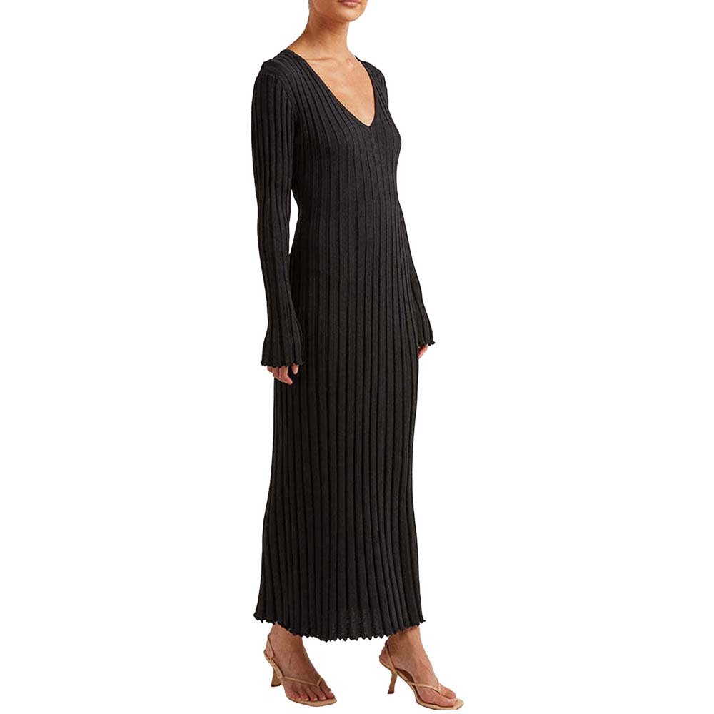 Custom Women's Ribbed Knit Sweater Dress Casual Long Sleeve Elegant V-Neck Tight Pleated A Line Long Dress Streetwear