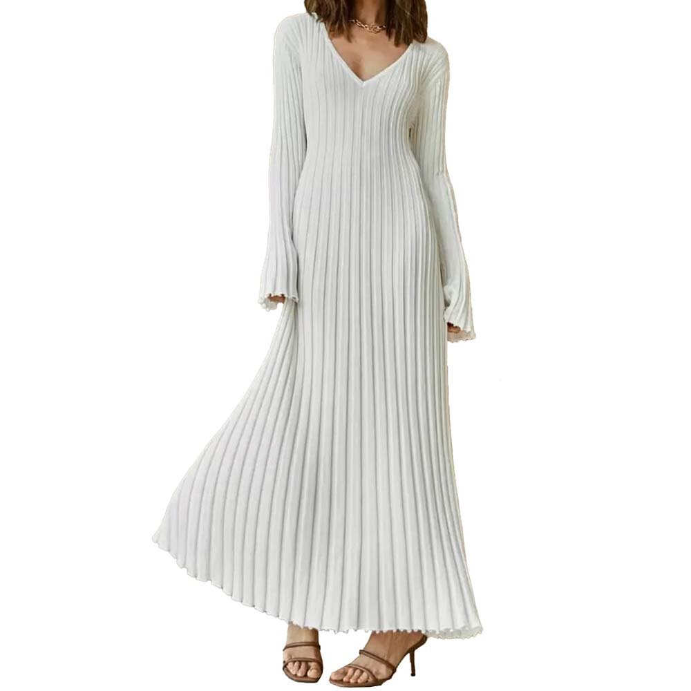 Custom Women's Ribbed Knit Sweater Dress Casual Long Sleeve Elegant V-Neck Tight Pleated A Line Long Dress Streetwear