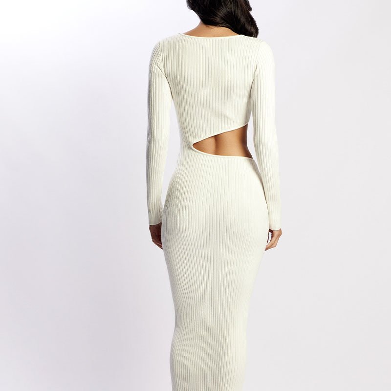 Custom OEM&ODM Elegant Slim Fit Scoop Neck High Waist Long Sleeve Women Waistless Knitted Cotton Maxi Length Dress Sweater