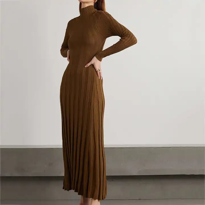 New Design Hot Selling Women's Sexy Rib Knit Crew Neck Maxi Dress Autumn Pleated Sweater Dress from Top Manufacturers