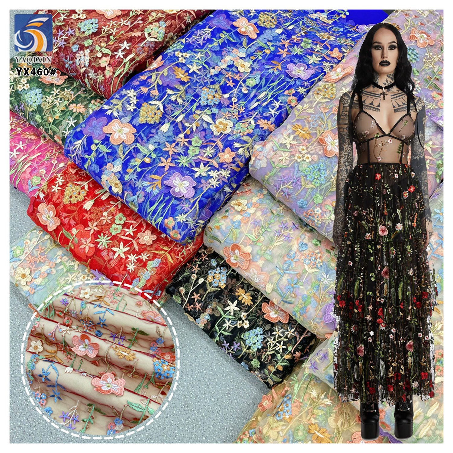 YX460 Cheap Floral Multicolor 3D Mesh Embroidery Fabric Lace Women's Clothing Wedding Dress Embroidery Fabric