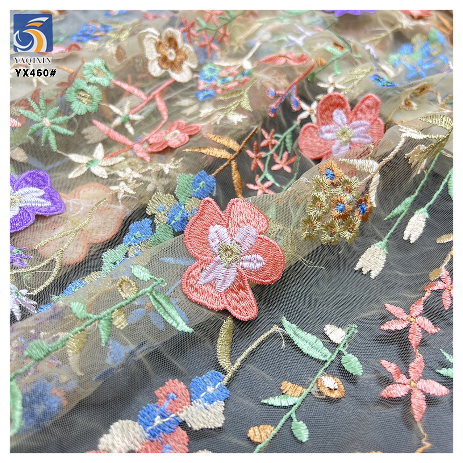 YX460 Cheap Floral Multicolor 3D Mesh Embroidery Fabric Lace Women's Clothing Wedding Dress Embroidery Fabric