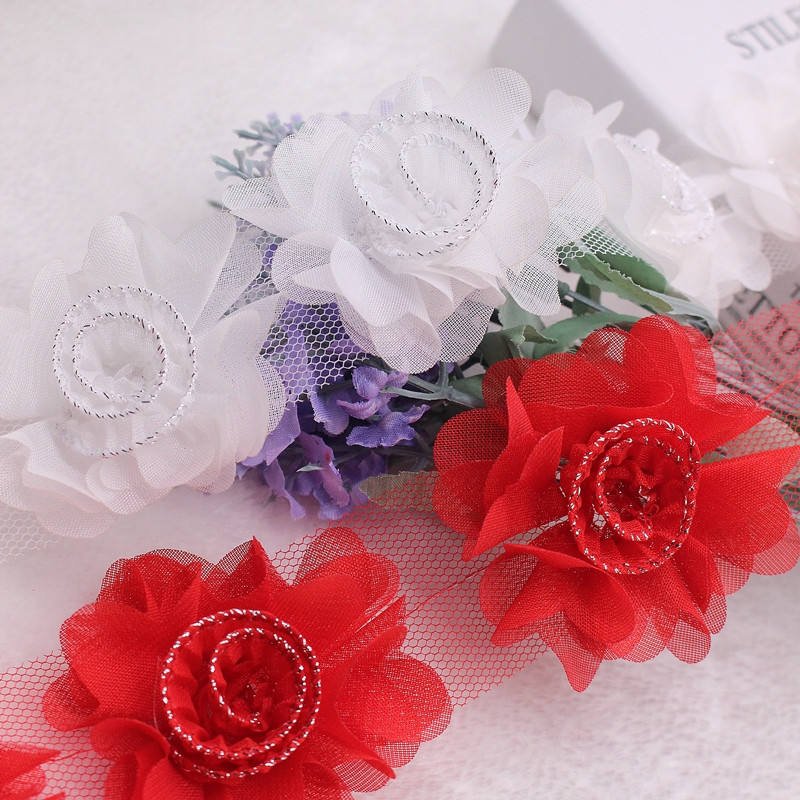 Hot Selling Product 6.5cm 3D Chiffon Flower Embroidery Lace fabric for Clothing dress Decorative Accessories XF21 12 flowers/ y