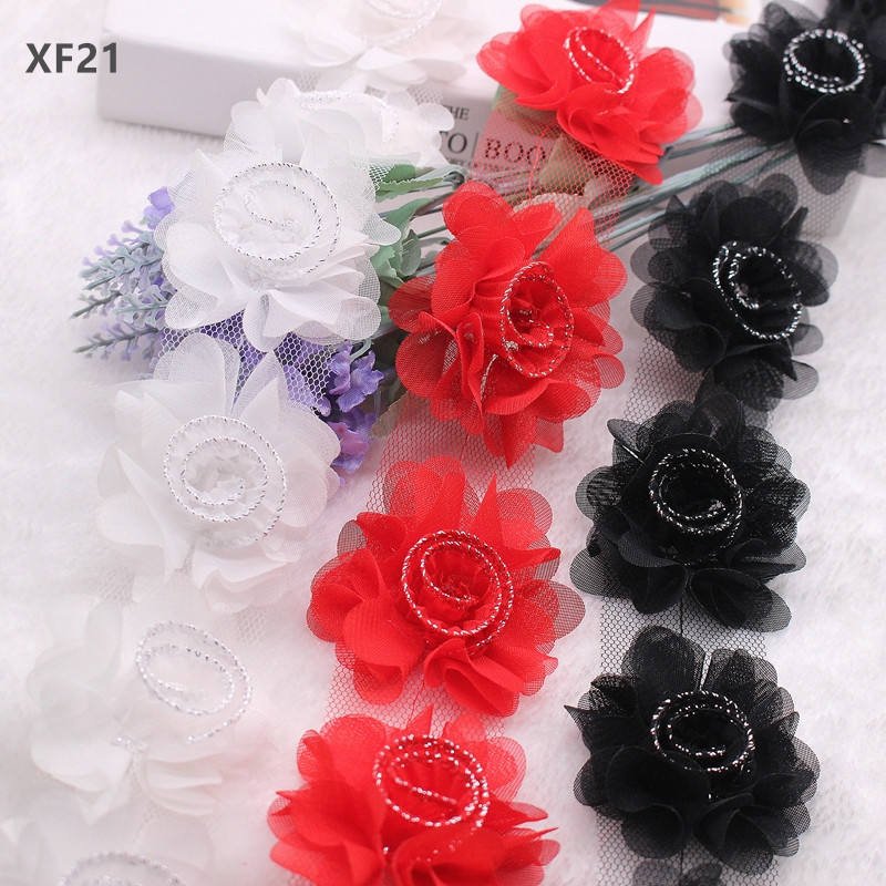 Hot Selling Product 6.5cm 3D Chiffon Flower Embroidery Lace fabric for Clothing dress Decorative Accessories XF21 12 flowers/ y