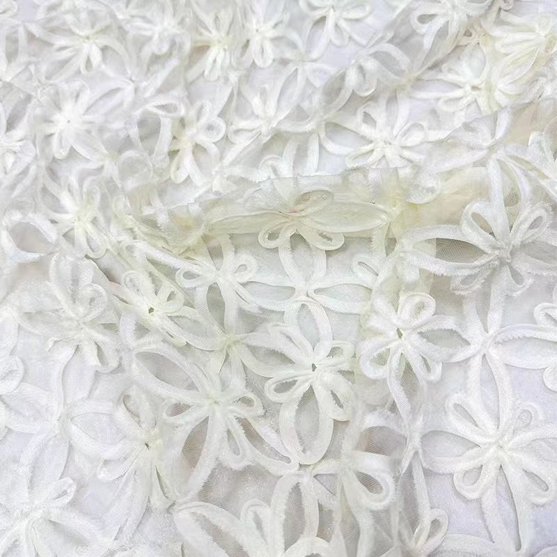 Factory supplier Fashion design 3d flower embroidered fabric, ribbon ruffled cord embroidery tulle fabric for kids dress
