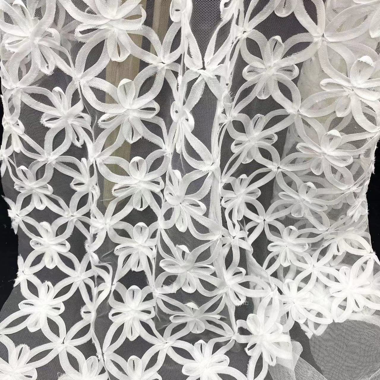 Factory supplier Fashion design 3d flower embroidered fabric, ribbon ruffled cord embroidery tulle fabric for kids dress