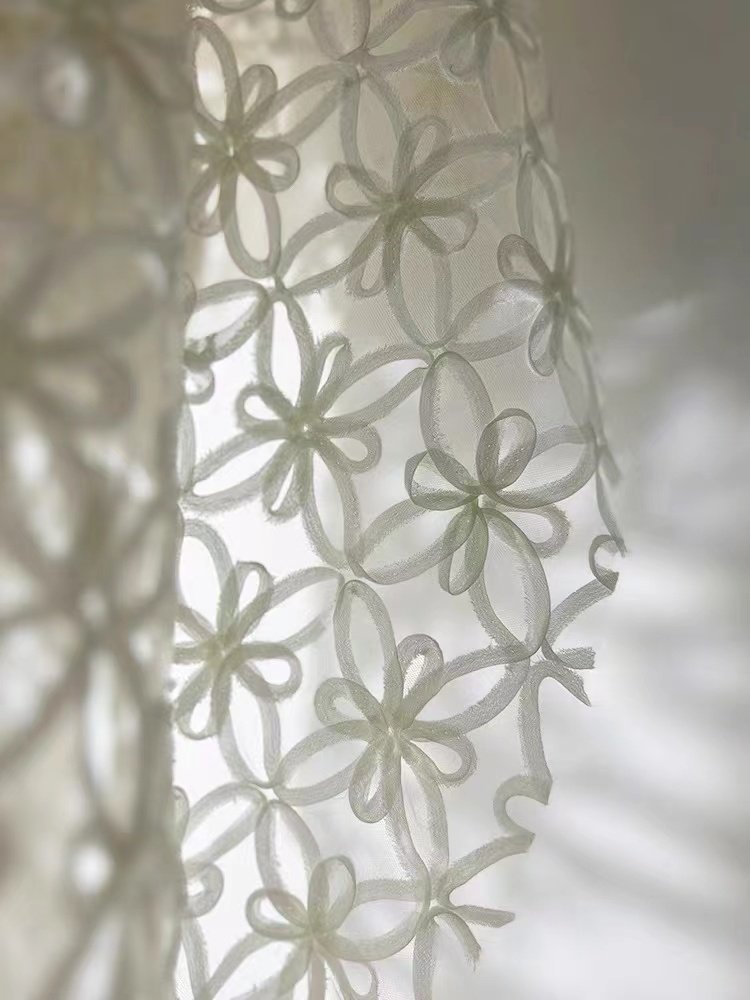 Factory supplier Fashion design 3d flower embroidered fabric, ribbon ruffled cord embroidery tulle fabric for kids dress