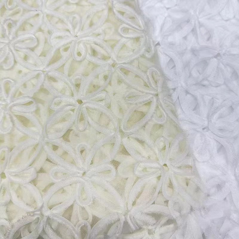 Factory supplier Fashion design 3d flower embroidered fabric, ribbon ruffled cord embroidery tulle fabric for kids dress