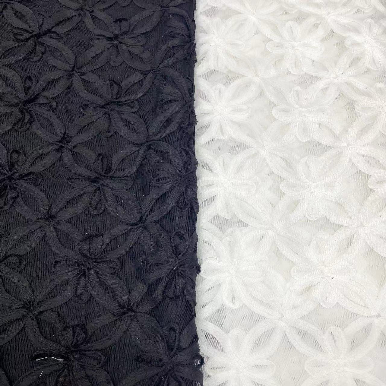 Factory supplier Fashion design 3d flower embroidered fabric, ribbon ruffled cord embroidery tulle fabric for kids dress