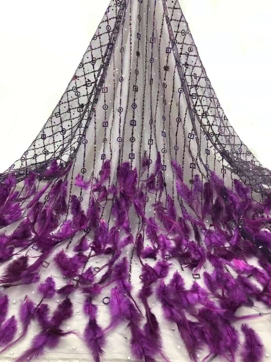 Fashion Glitter Sequin Lace Fabric Mesh 3D Embroidery French Tulle Lace Fabric With Ostrich Feather For Party