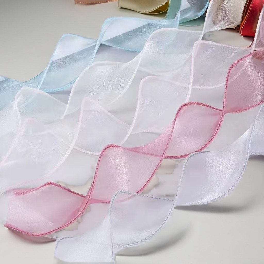 Customized 40mm Wavy Fishtail Yarn Ribbon Organza Lace Material Double Face Ribbon Cake Flower Gift Packaging