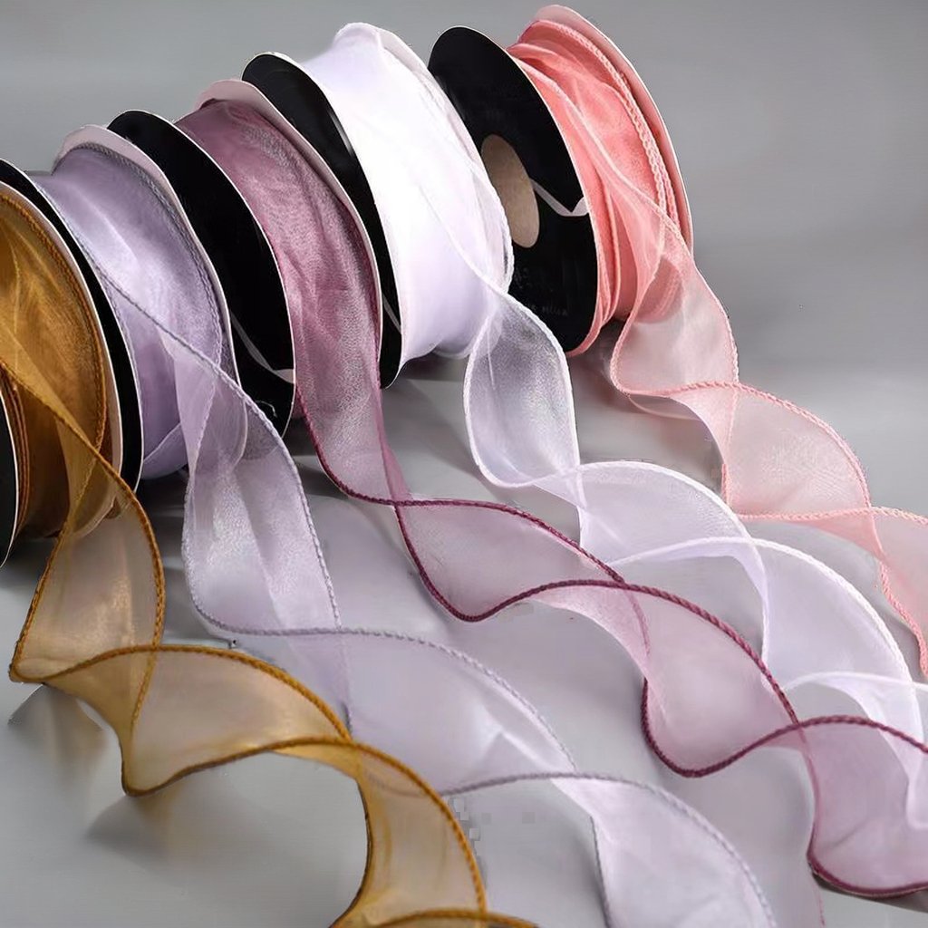 Customized 40mm Wavy Fishtail Yarn Ribbon Organza Lace Material Double Face Ribbon Cake Flower Gift Packaging