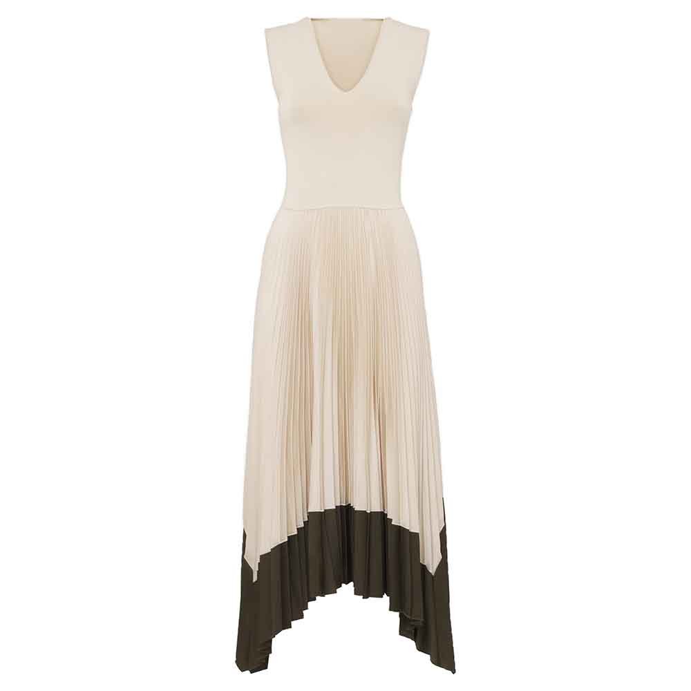 Clothing Manufacturers Custom Spring Summer Autumn Elegant Sleeveless Pleated Contrast Color Matching Asymmetric Midi Dress
