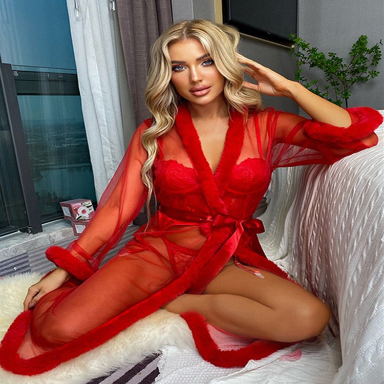 Red Erotic Underwear With Feather Decoration Robe Luxury Embroidery 1-Piece Set Woman Lace Sexy Lingerie