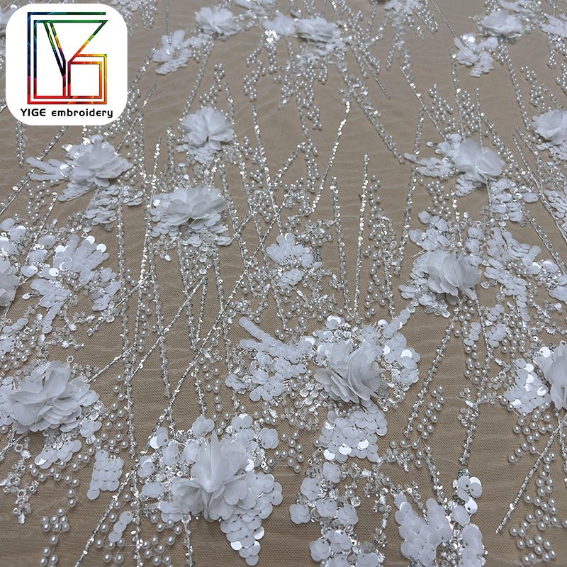 high quality white Handmade Pearl wedding lace fabric french bridal 3d Flower beaded embroidered lace fabric