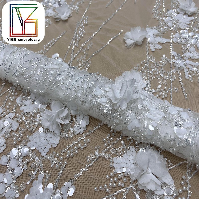 high quality white Handmade Pearl wedding lace fabric french bridal 3d Flower beaded embroidered lace fabric