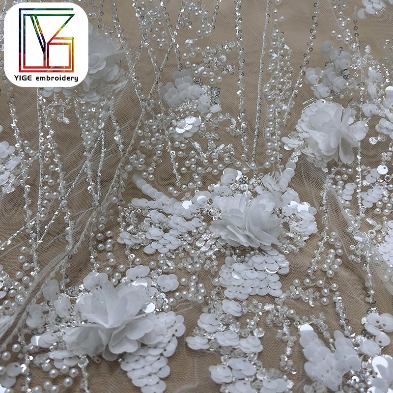 high quality white Handmade Pearl wedding lace fabric french bridal 3d Flower beaded embroidered lace fabric