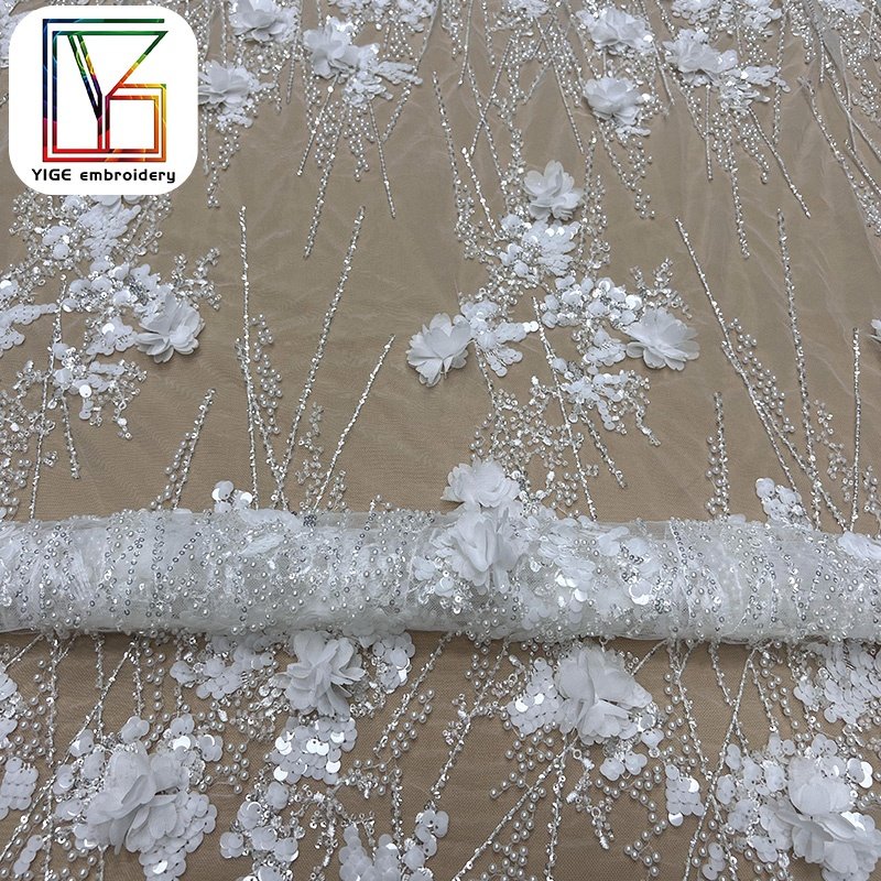 high quality white Handmade Pearl wedding lace fabric french bridal 3d Flower beaded embroidered lace fabric
