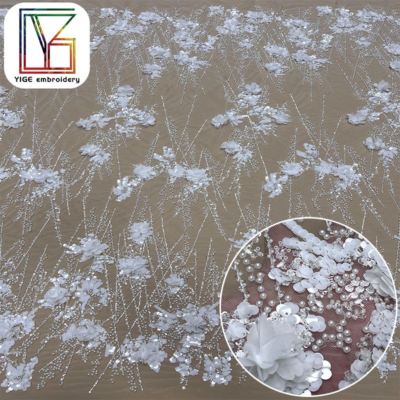 high quality white Handmade Pearl wedding lace fabric french bridal 3d Flower beaded embroidered lace fabric