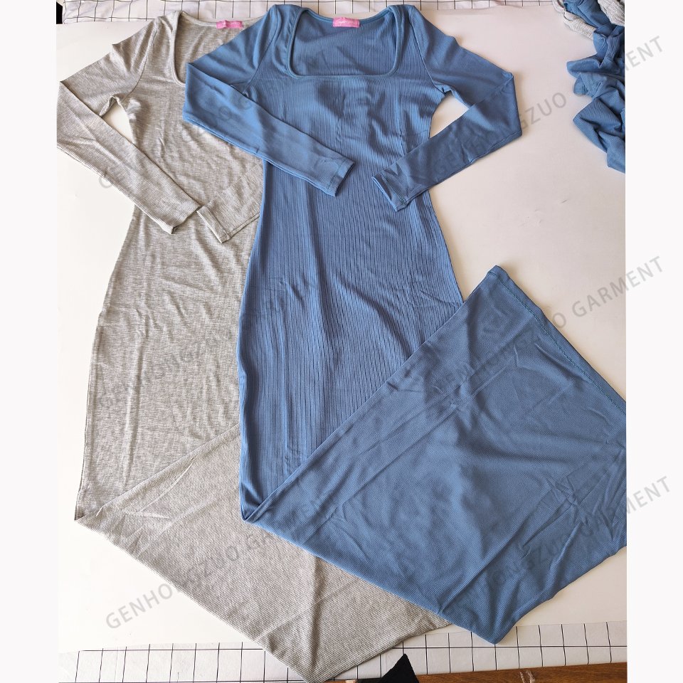 Custom Clothing For Women Cotton Ribbed Casual Dress LongSleeve Square Neck Lace Trim Shirt Maxi Dresses 2 Piece Loungewear Set