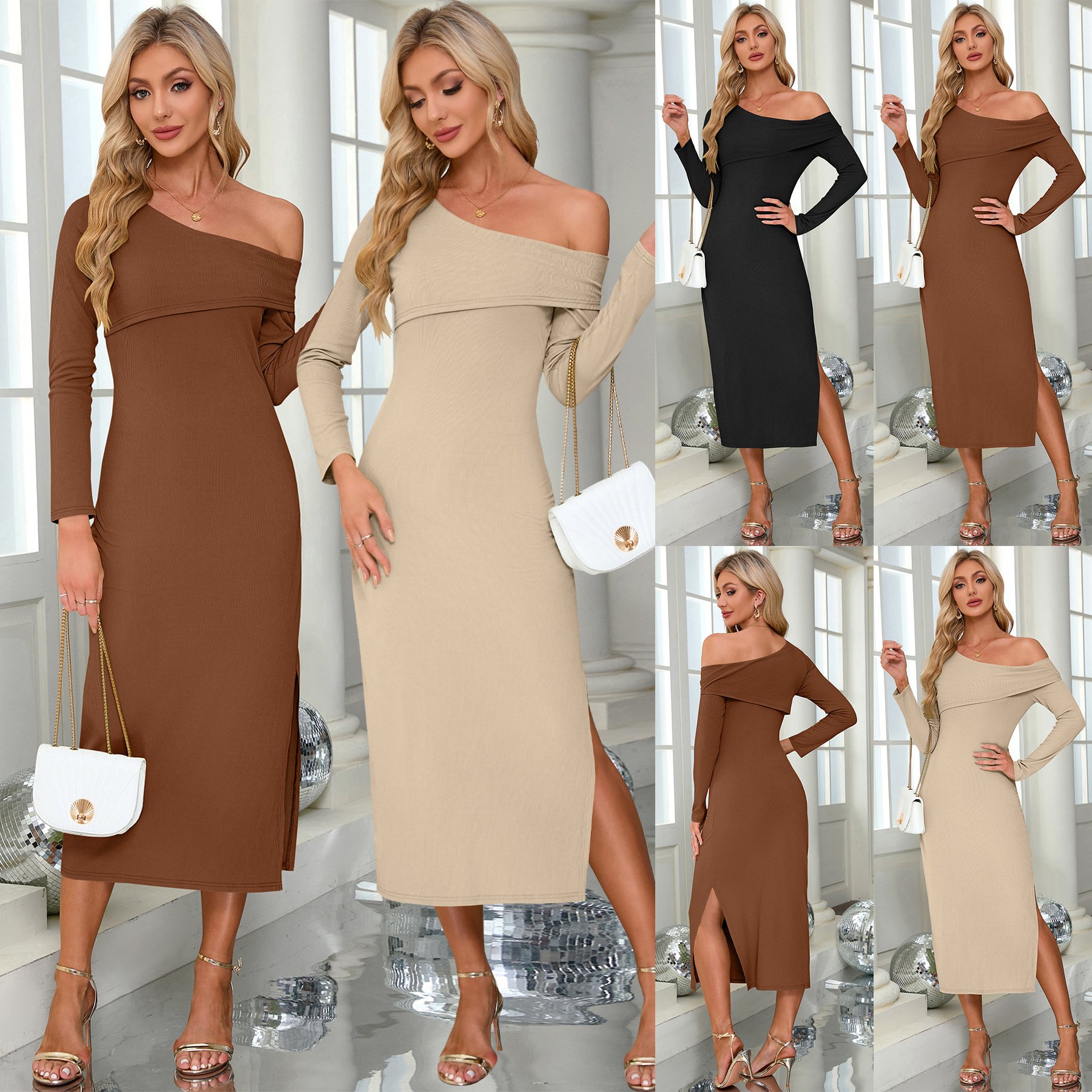 Wholesale New Arrival Sexy Off-Shoulder Ribbed Knit Dress Slit Long Sleeve Bodycon Dress