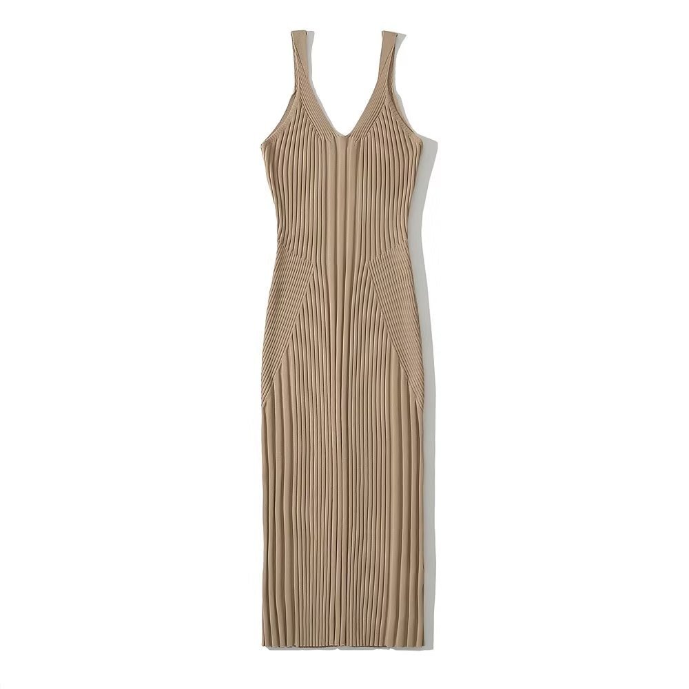 Luluxixiyaya Sexy Bodycon V Neck Rib Noodle Dress with High Quality Bodycon Knitted Rib