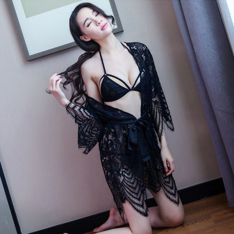 Sexy fashion young teen girl lingerie lace transparent sling hollow pajamas nightdress three-point sets