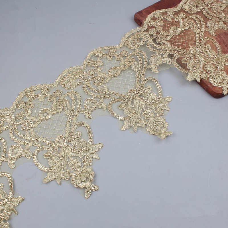 25.5 cm Embroidery White and Gold Sequin Embroidery Cord Bridal Lace Trim