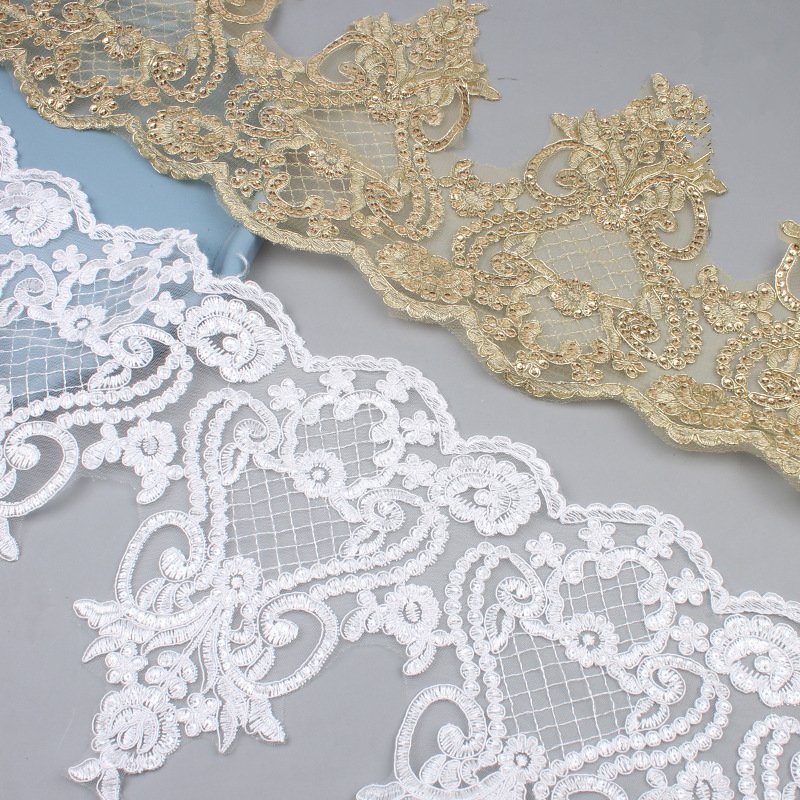 25.5 cm Embroidery White and Gold Sequin Embroidery Cord Bridal Lace Trim