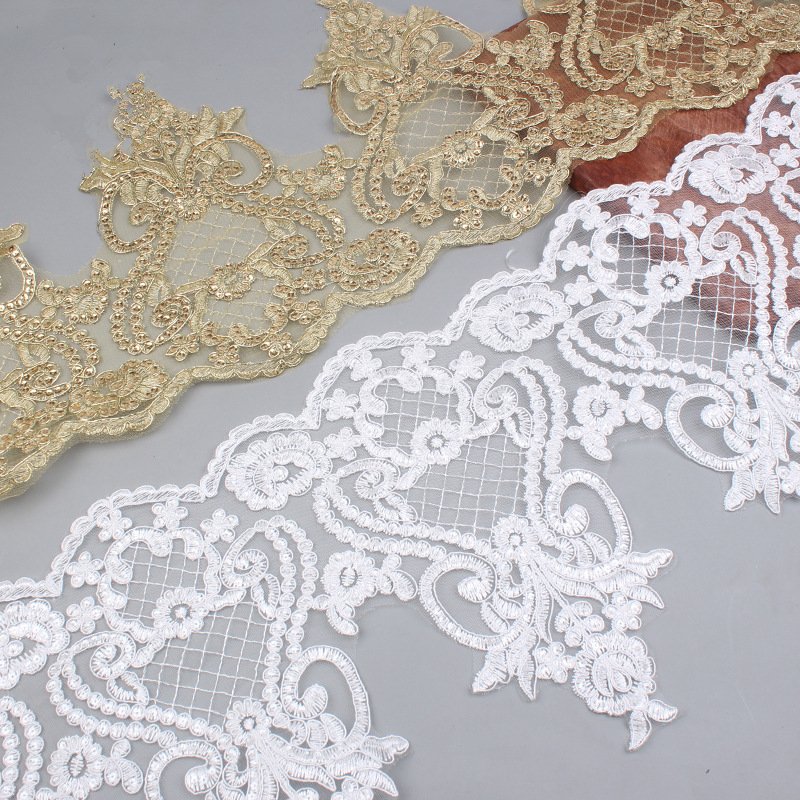 25.5 cm Embroidery White and Gold Sequin Embroidery Cord Bridal Lace Trim